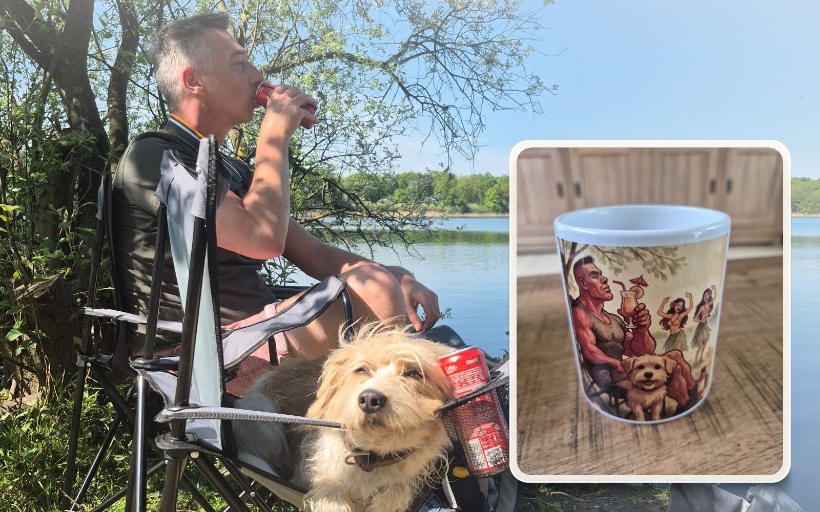 Photo-style proof of a pet owner with their dog and a printed Prizeli mug sample