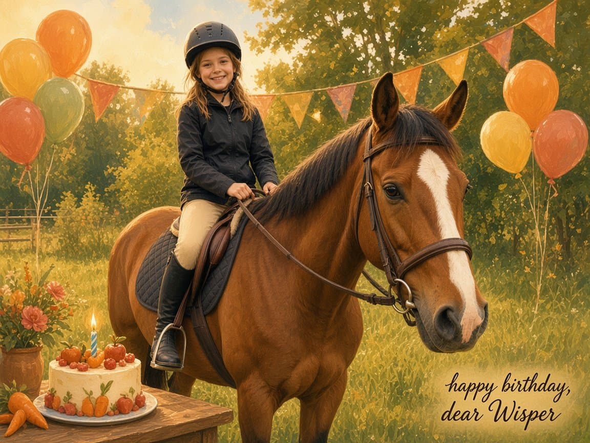 Illustrative birthday-party artwork of the girl and horse, with cake, balloons, and the text happy birthday, dear Wisper.