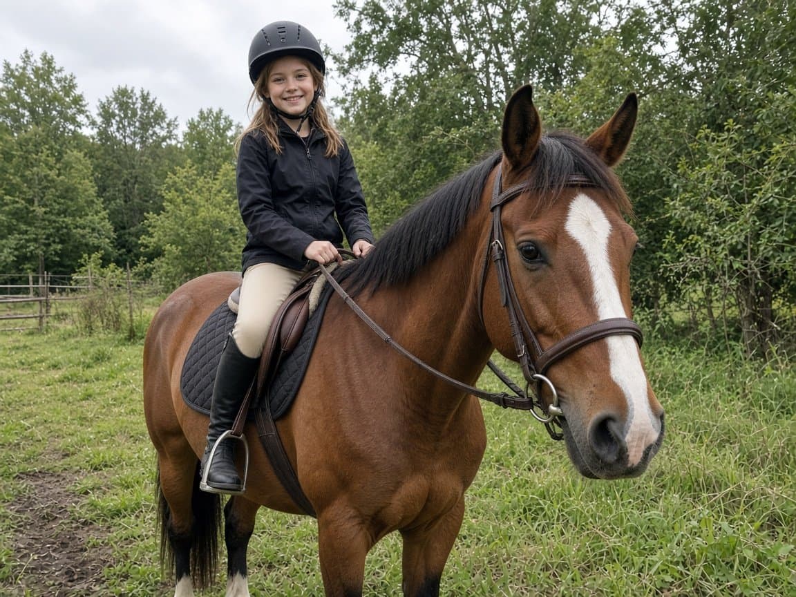A young girl in a riding helmet sitting on her chestnut horse in a grassy paddock. Generated example original, not a customer upload.