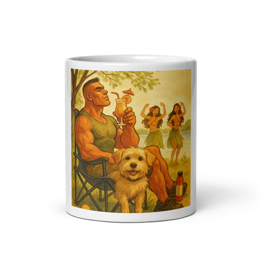 Digital preview of a white mug with an illustrated lakeside scene.