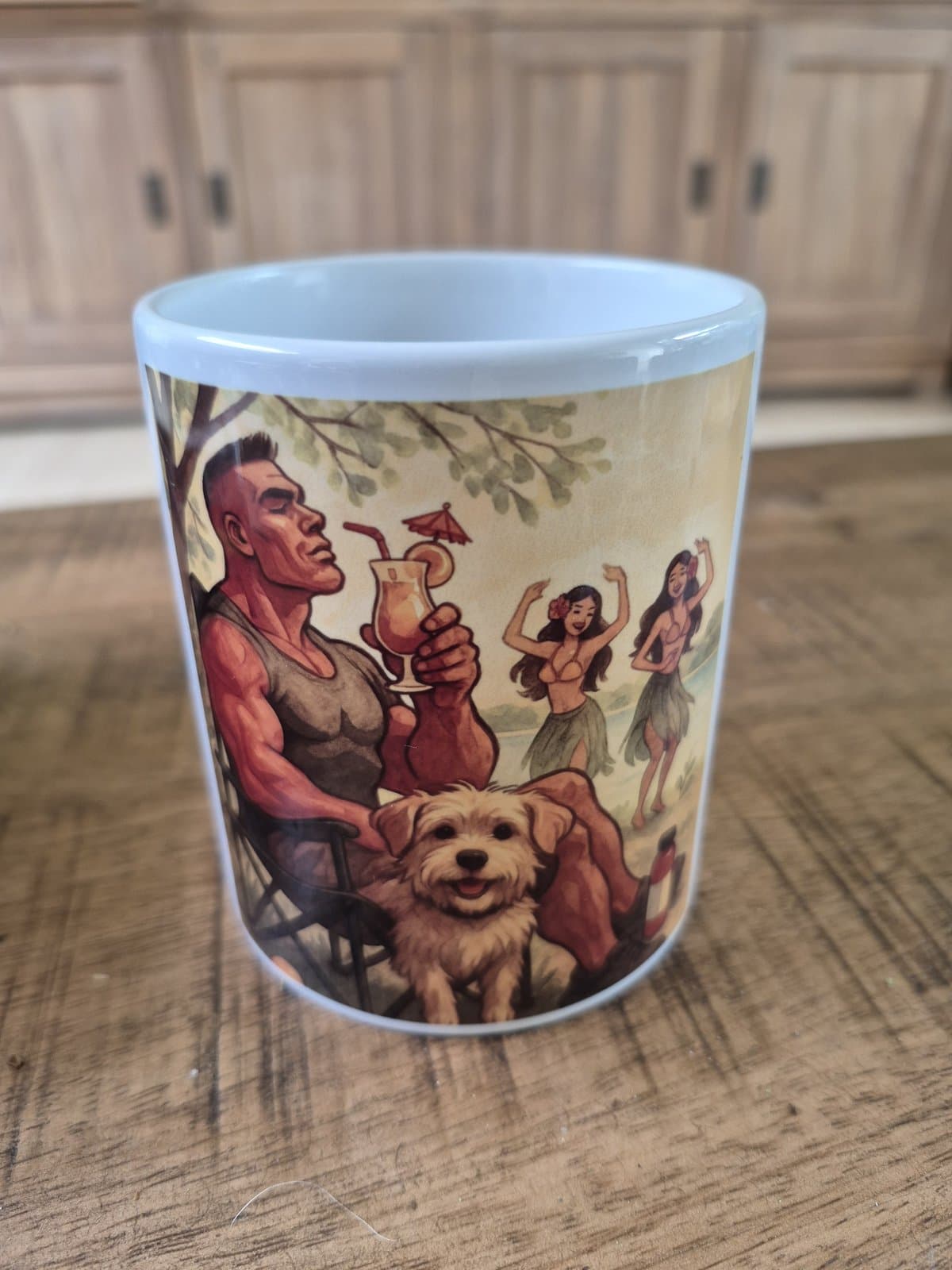 The delivered white mug on a wooden table, printed with the illustrated scene.